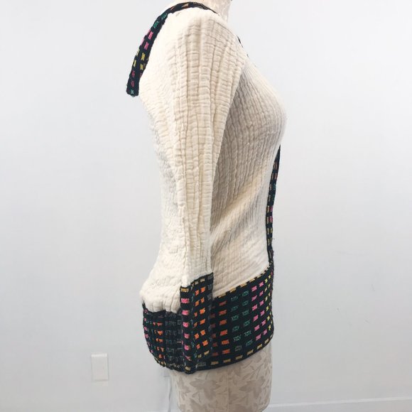 Vintage 70s Surfer Rainbow Stripe Baja Hoodie Cream - Picture 4 of 8